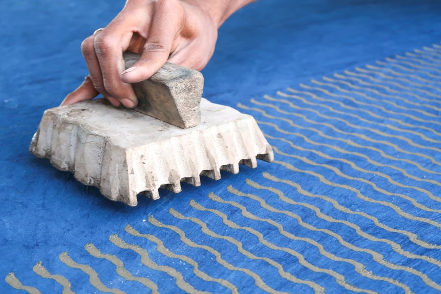 Wooden blocks for hand block printing at a factory in Bagru village, India.